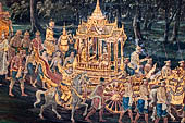 Bangkok Grand Palace, Ramakien murals of the gallery of the Wat Phra Kaew,scene of the procession bringing Naang Sida and King Chanok back to Mithila. 